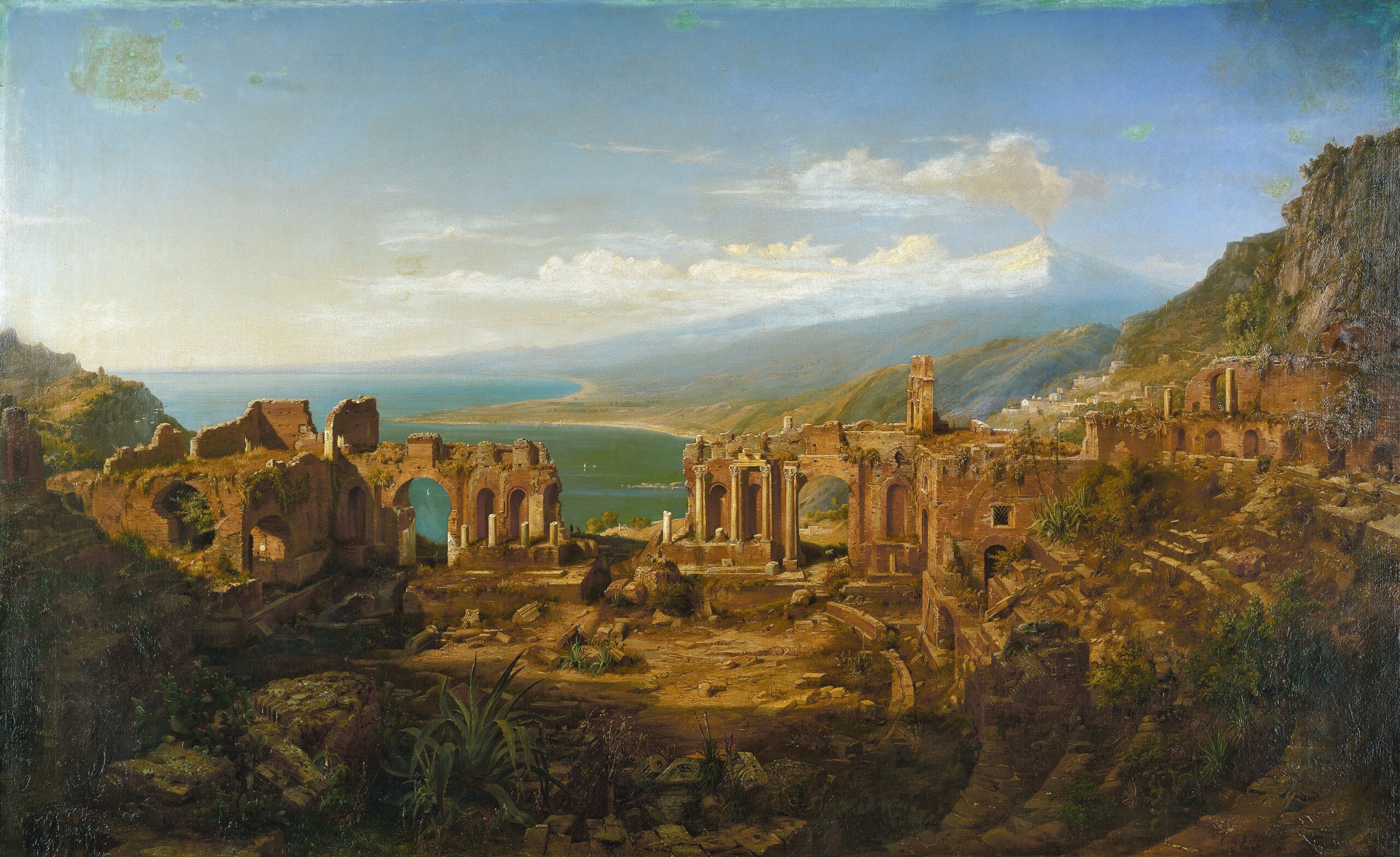Carl_Friedrich_Seiffert_-_Blick_über_die_Ruinen_des_Amphitheaters_von_Taormina_auf_den_Ätna_(1848)